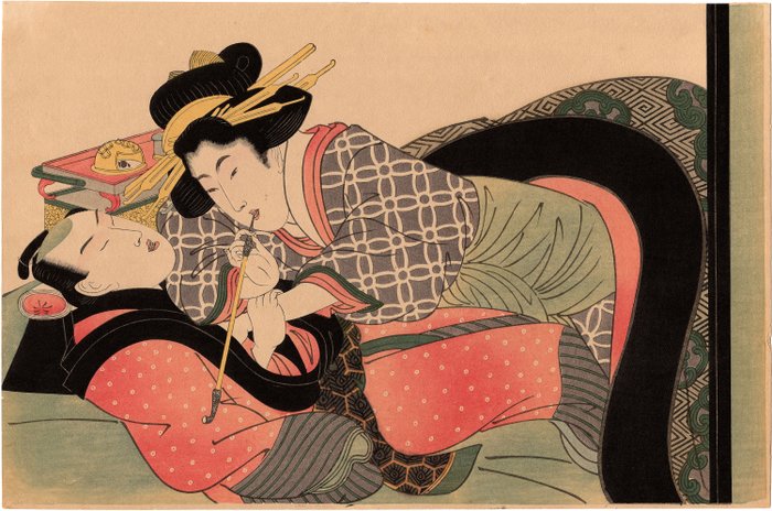Grabado en madera (reimpresión), Abuna-e - Kikukawa Eizan (1787-1867) - Amantes fumando una pipa Kiseru - Década de 1920 - Japón