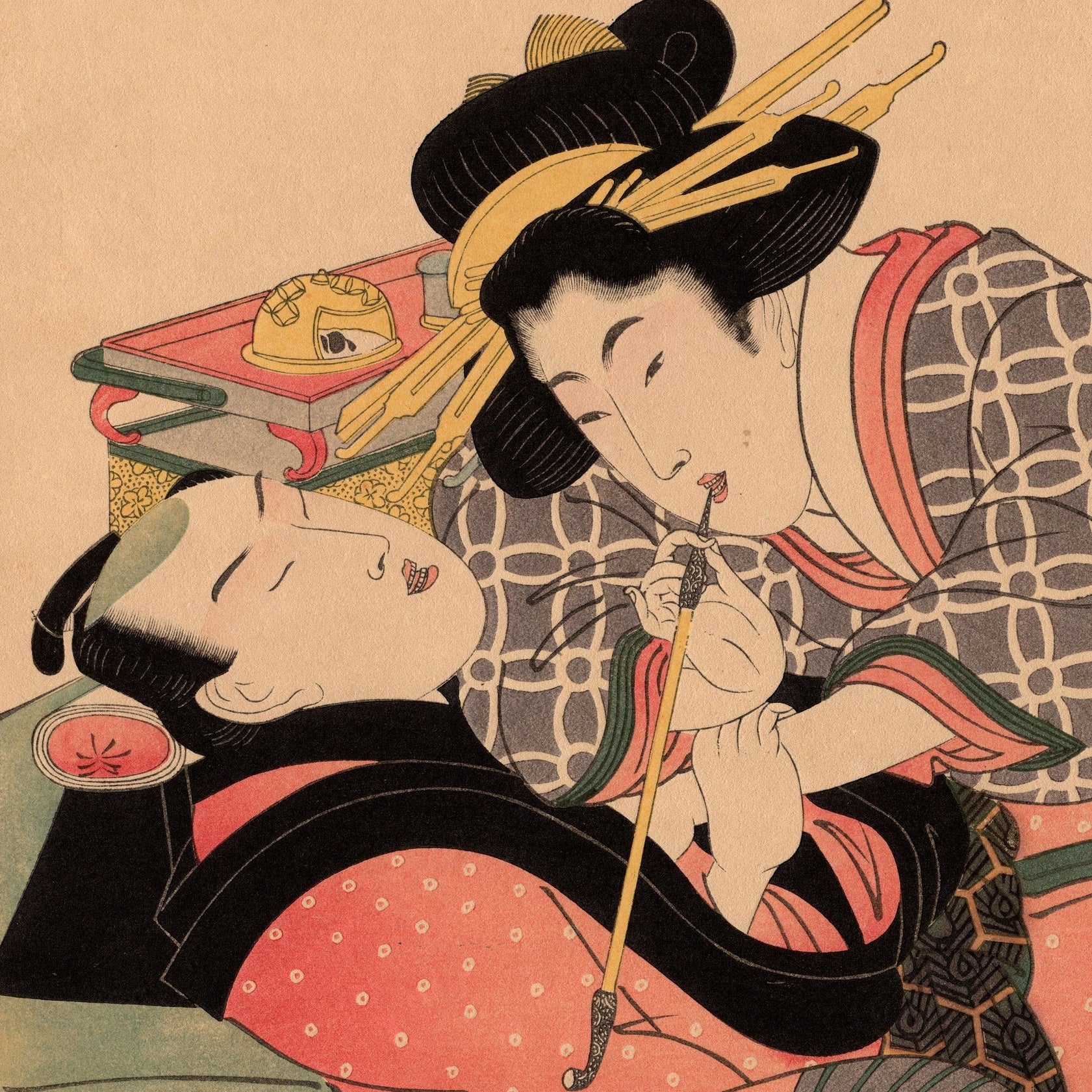 Grabado en madera (reimpresión), Abuna-e - Kikukawa Eizan (1787-1867) - Amantes fumando una pipa Kiseru - Década de 1920 - Japón