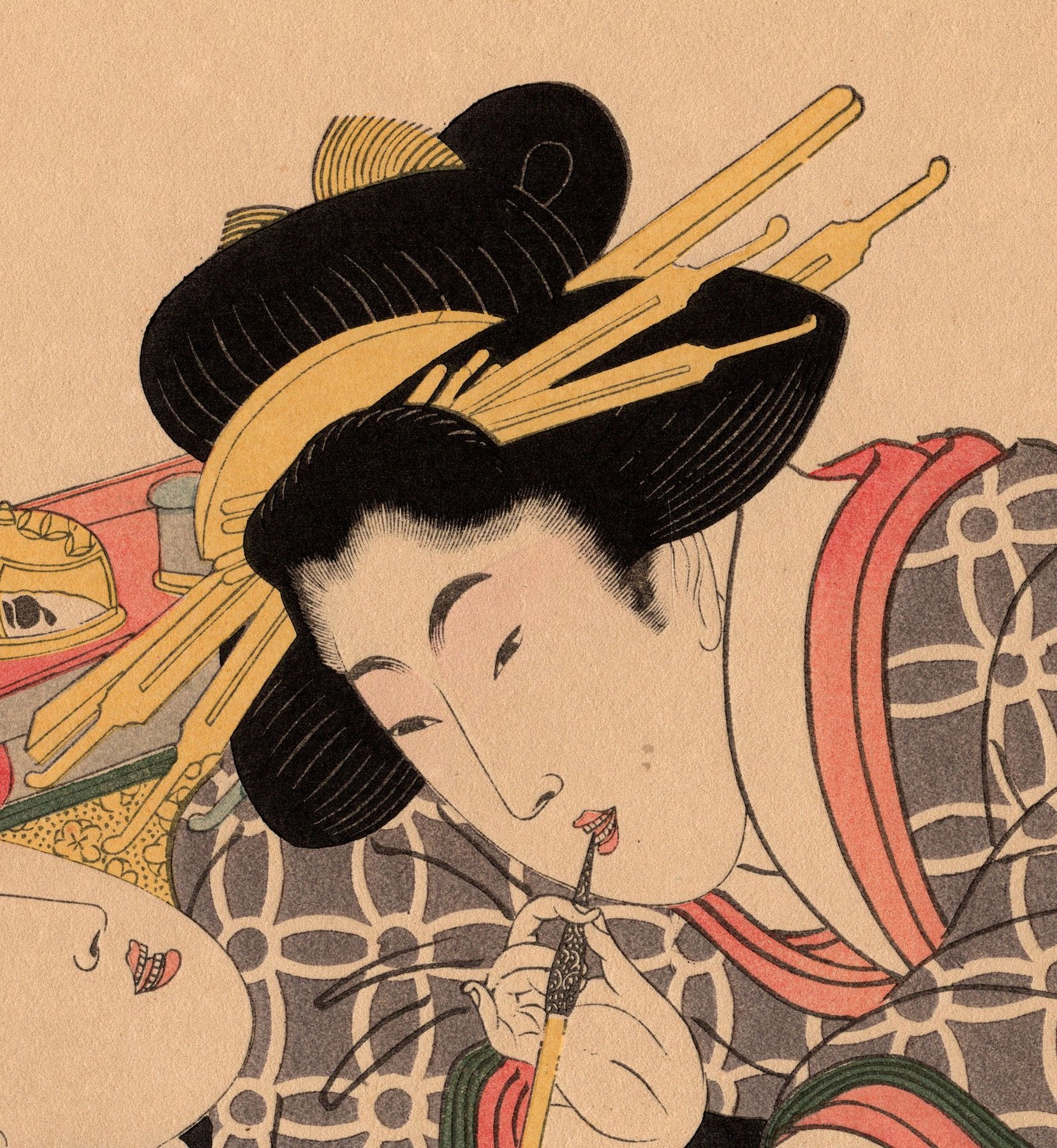Woodblock print (reprint), Abuna-e - Kikukawa Eizan (1787-1867) - Lovers Smoking a Kiseru Pipe - 1920s - Japan